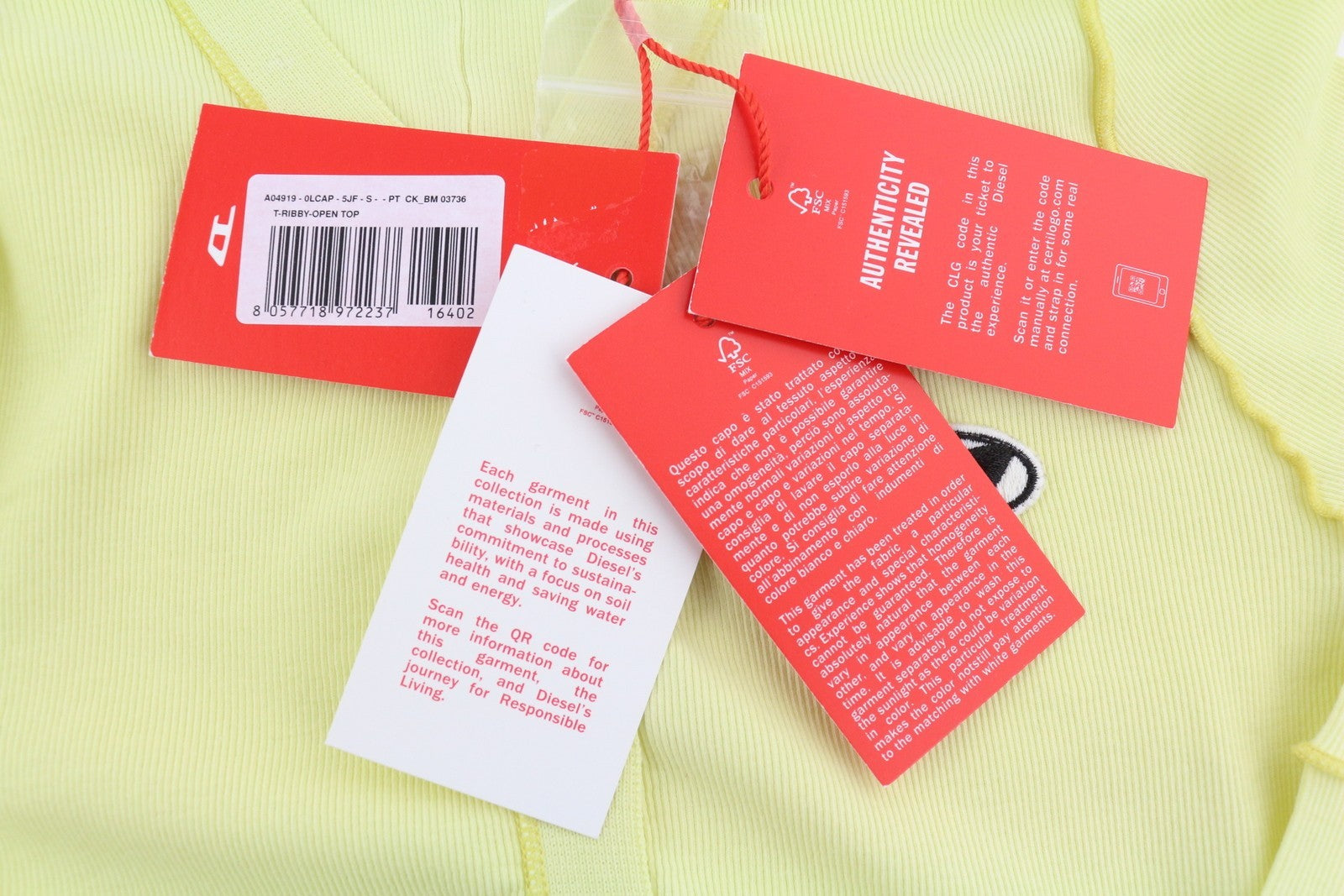 DIESEL T-Ribby-Open Women's T-Shirt S Yellow Ribbed Cropped Button Front