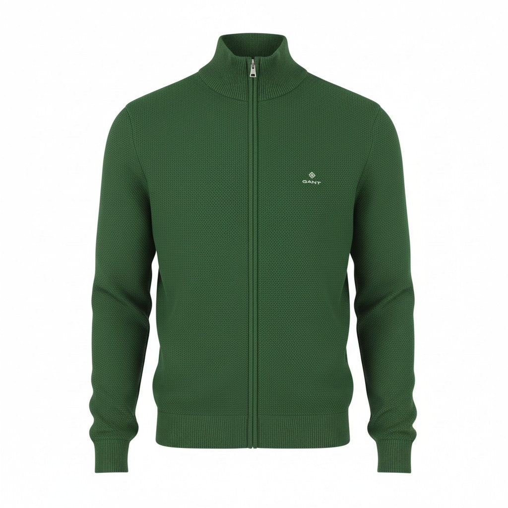 GANT Cotton Pique Zip Cardigan Men Jumper XL Forest Green Melange Texture Zip