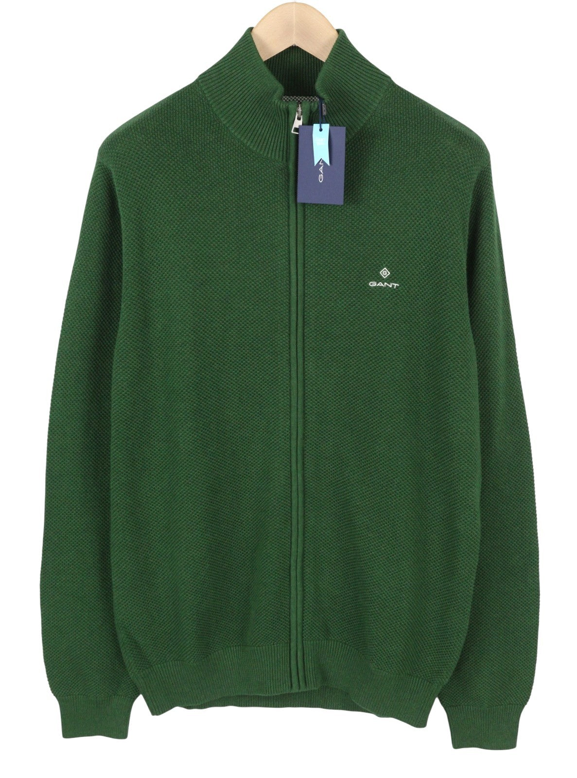 GANT Cotton Pique Zip Cardigan Men Jumper XL Forest Green Melange Texture Zip