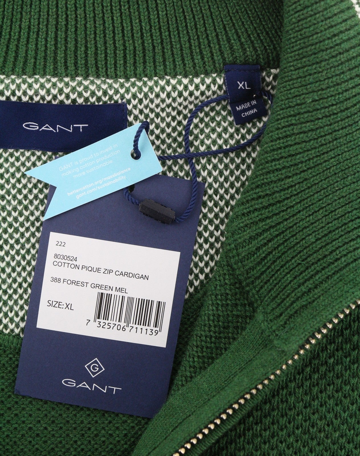 GANT Cotton Pique Zip Cardigan Men Jumper XL Forest Green Melange Texture Zip