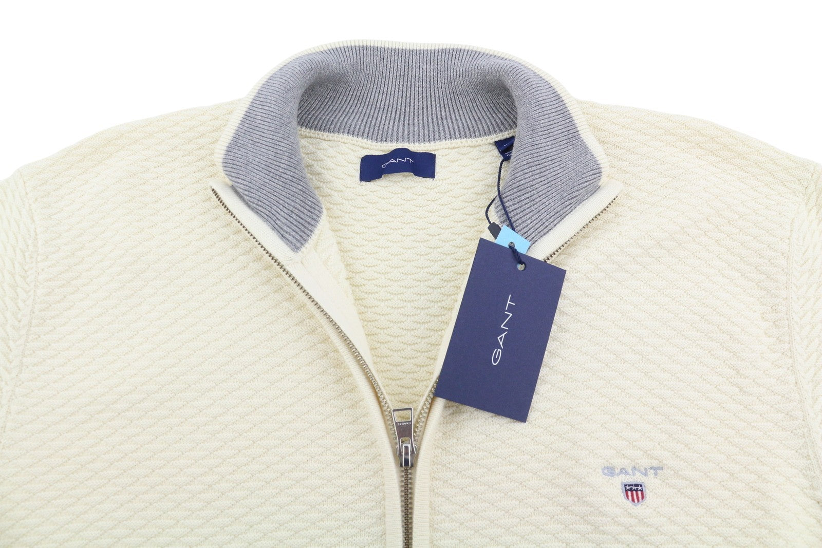 GANT Triangle Texture Fullzip Men Jumper XL Cream High Neck Knit Stretch
