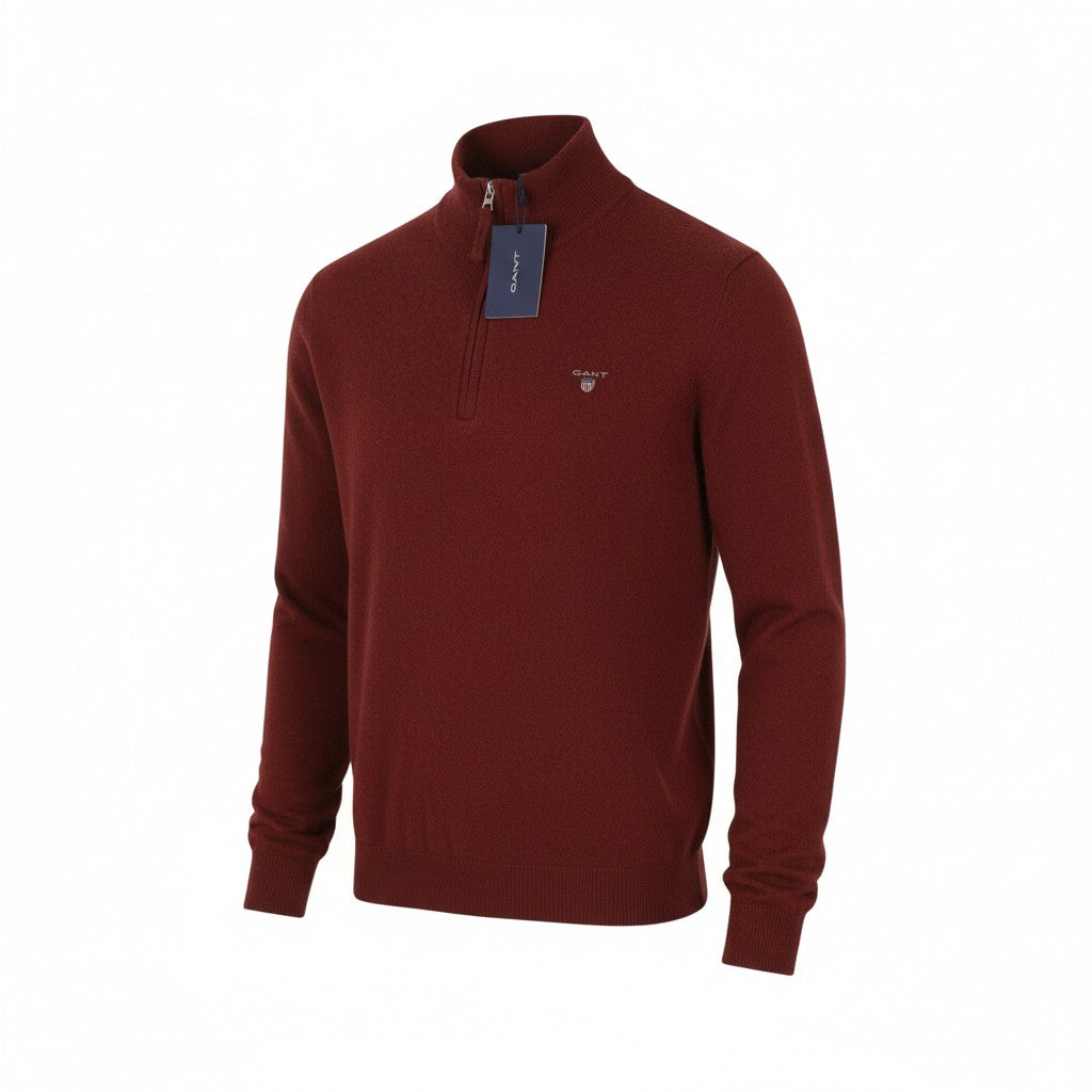 GANT Superfine Lambswool Half Zip Men Jumper L Royal Port Red Melange Pullover