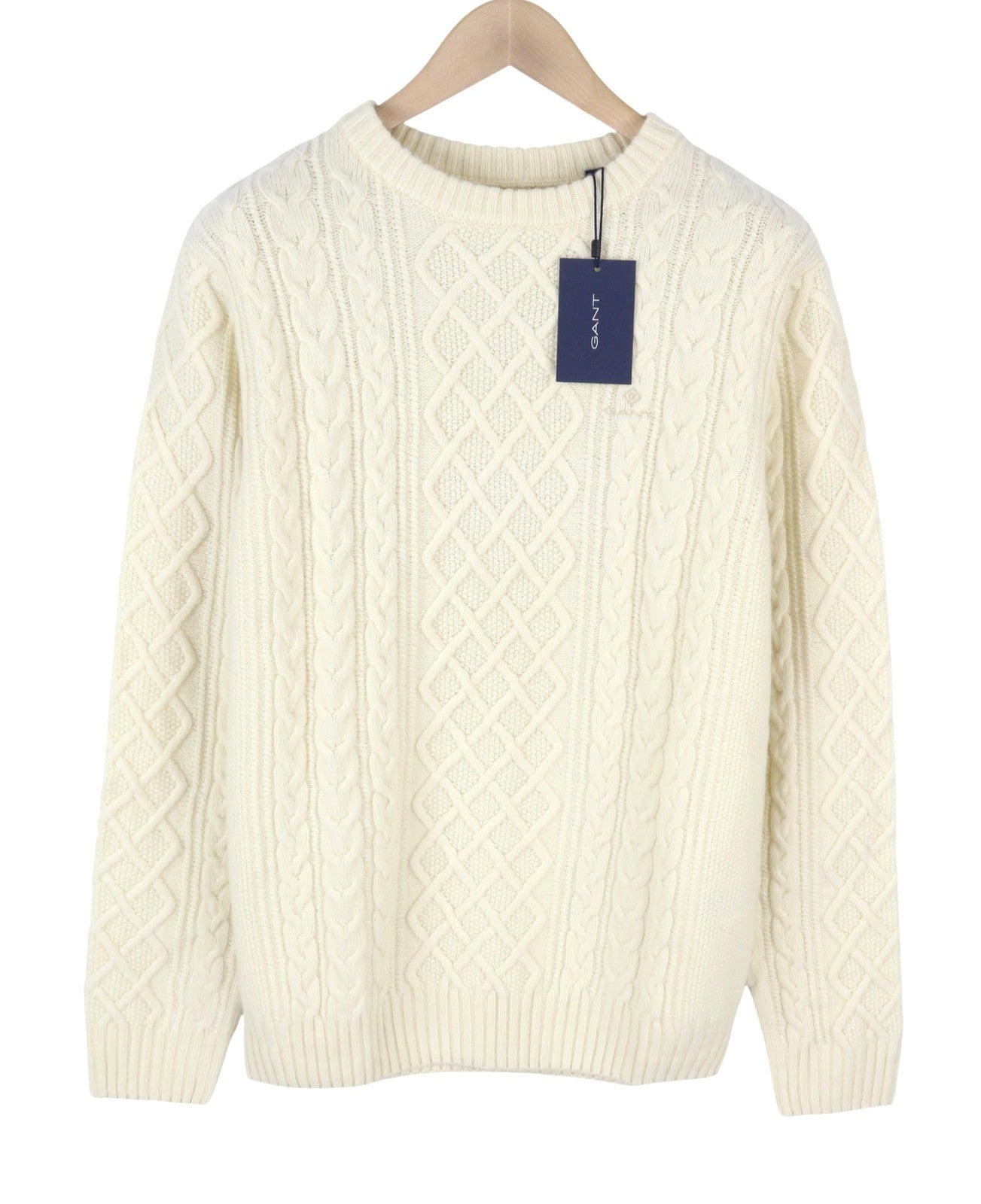 GANT Aran Cable Crew Men Jumper L Eggshell Wool Blend Cable Knit Pullover