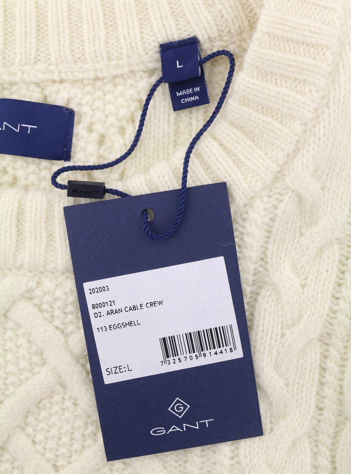 GANT Aran Cable Crew Men Jumper L Eggshell Wool Blend Cable Knit Pullover