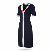 GANT Contrast Border Cardigan Women Dress M Evening Blue Knit Midi Short Sleeve