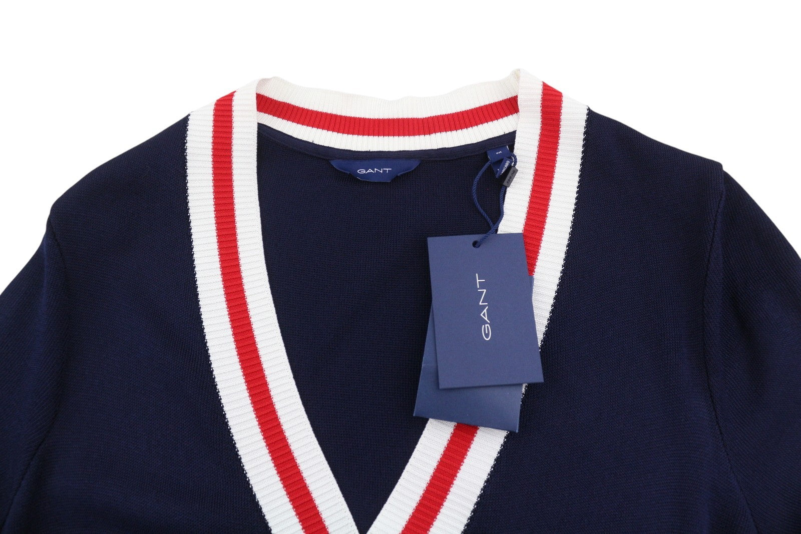 GANT Contrast Border Cardigan Women Dress M Evening Blue Knit Midi Short Sleeve