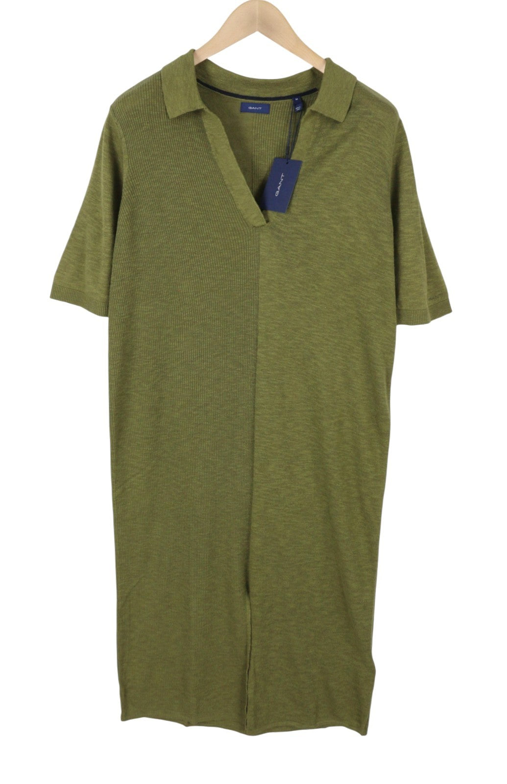 GANT Ribbed Rugger Women Dress M Utility Green Melange Linen Blend Short Sleeve