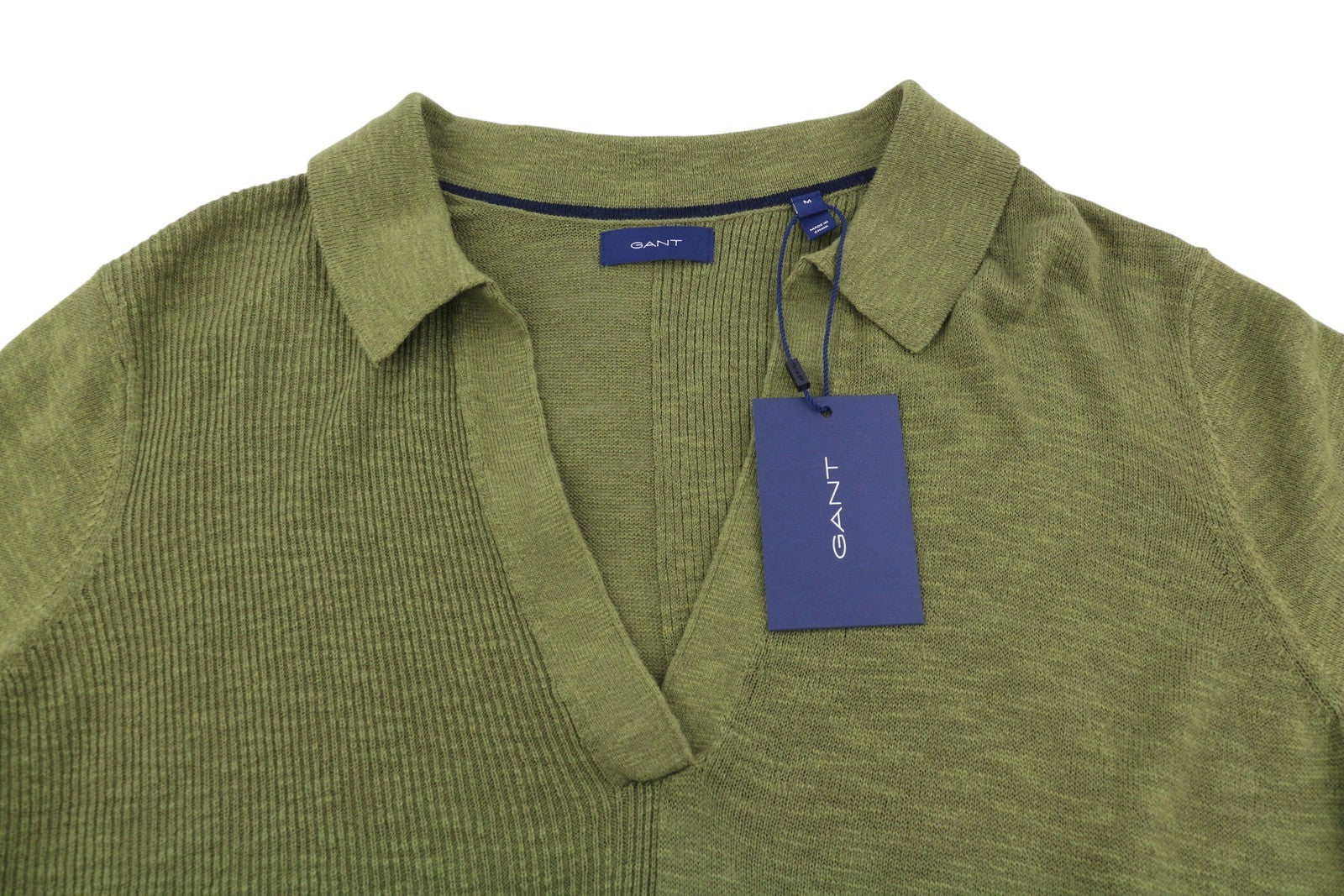GANT Ribbed Rugger Women Dress M Utility Green Melange Linen Blend Short Sleeve