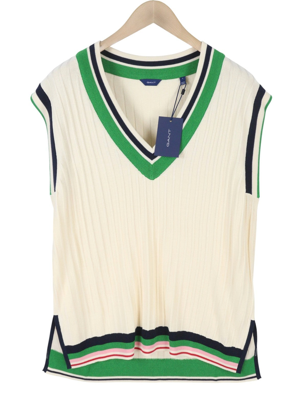 GANT Striped Rib Knit Vest Women Waistcoat XL Cream V-Neck Stretch RRP125