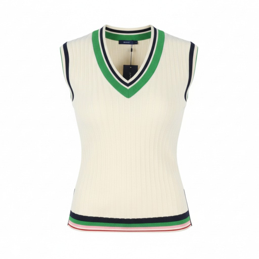 GANT Striped Rib Knit Vest Women Waistcoat L Cream V-Neck Stretch RRP125