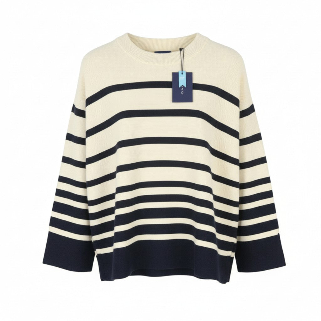 GANT Breton Stripe C-Neck Women Jumper XS Cream Tight-Knit Stretch Pullover