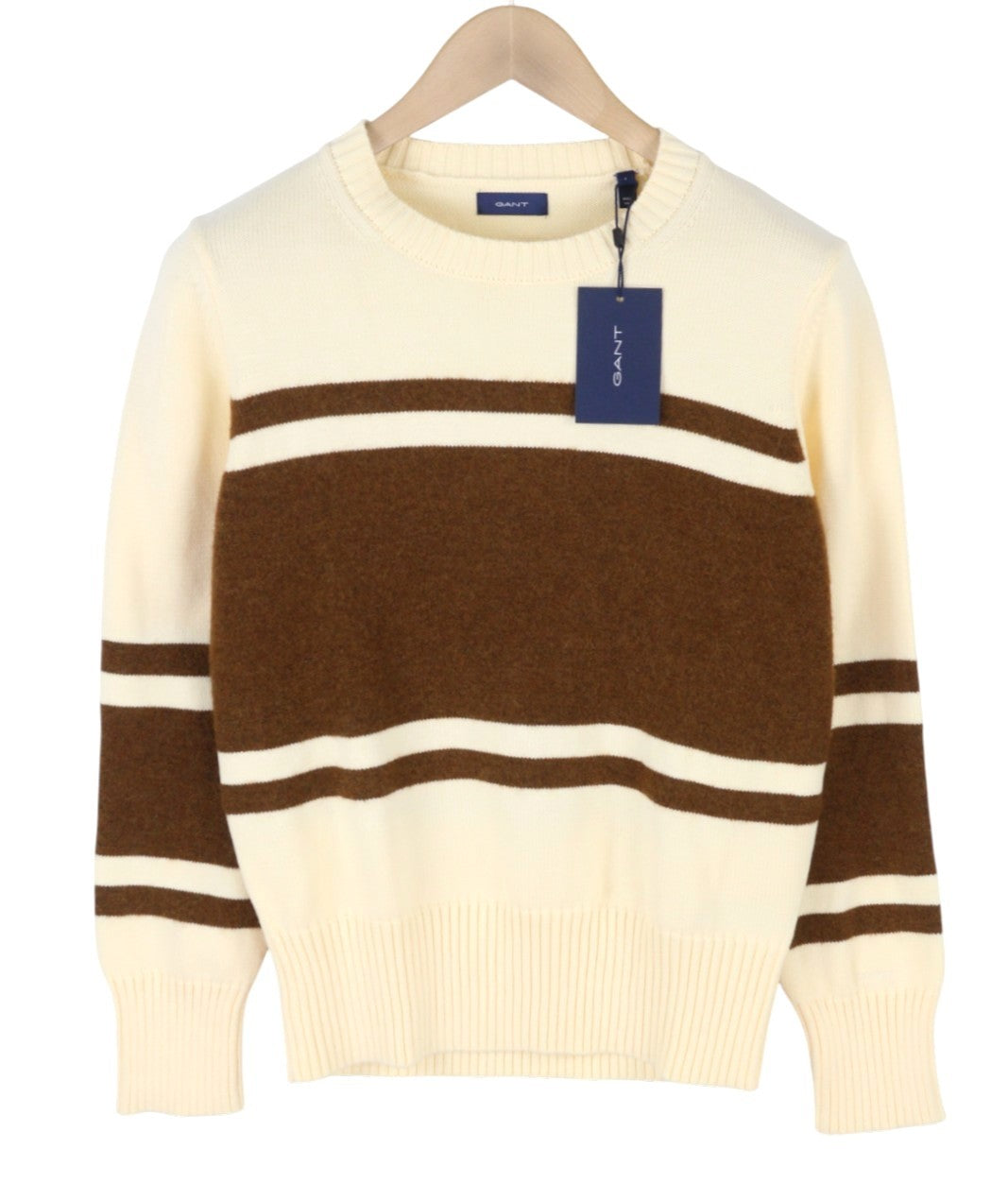 GANT Block Striped C-Neck Women Jumper L Cream Alpaca Wool Blend Knit Pullover