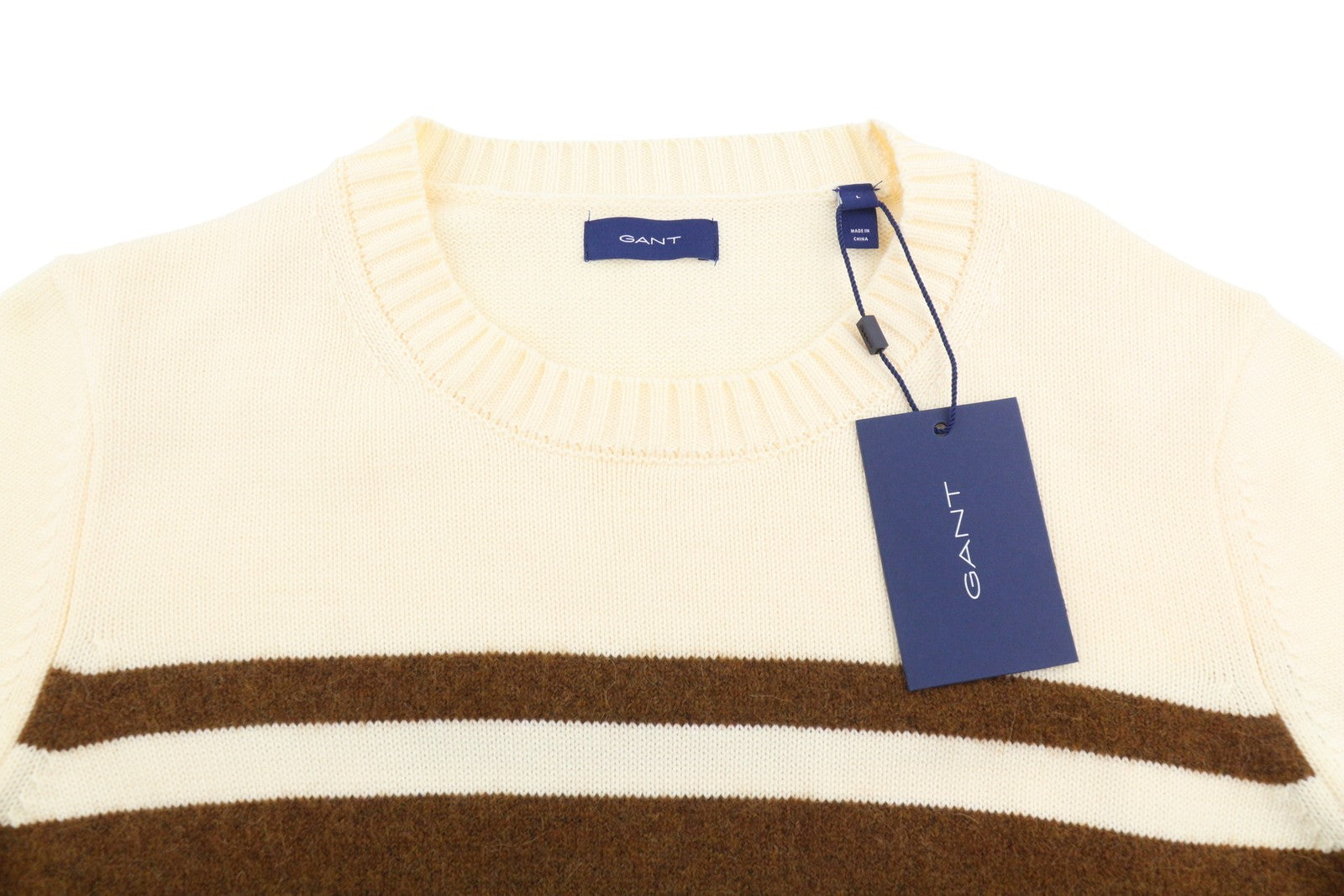 GANT Block Striped C-Neck Women Jumper L Cream Alpaca Wool Blend Knit Pullover