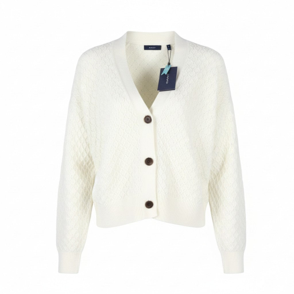 GANT Texture Cotton Cadigan Women Jumper M Eggshell Organic Knit Button-Up