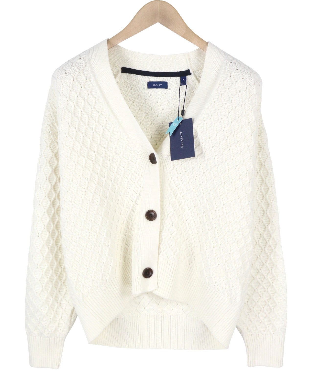 GANT Texture Cotton Cadigan Women Jumper M Eggshell Organic Knit Button-Up