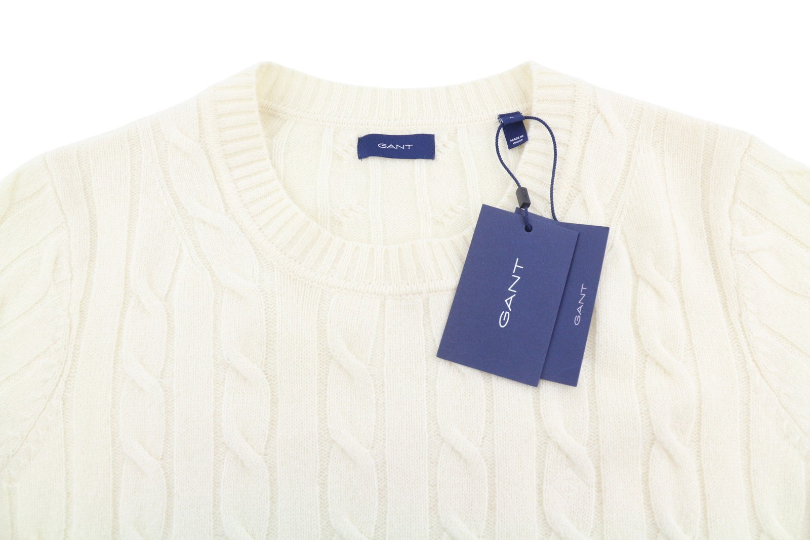 GANT Lambswool Cable C-Neck Women Jumper L Cream Wool Blend Knit Pullover