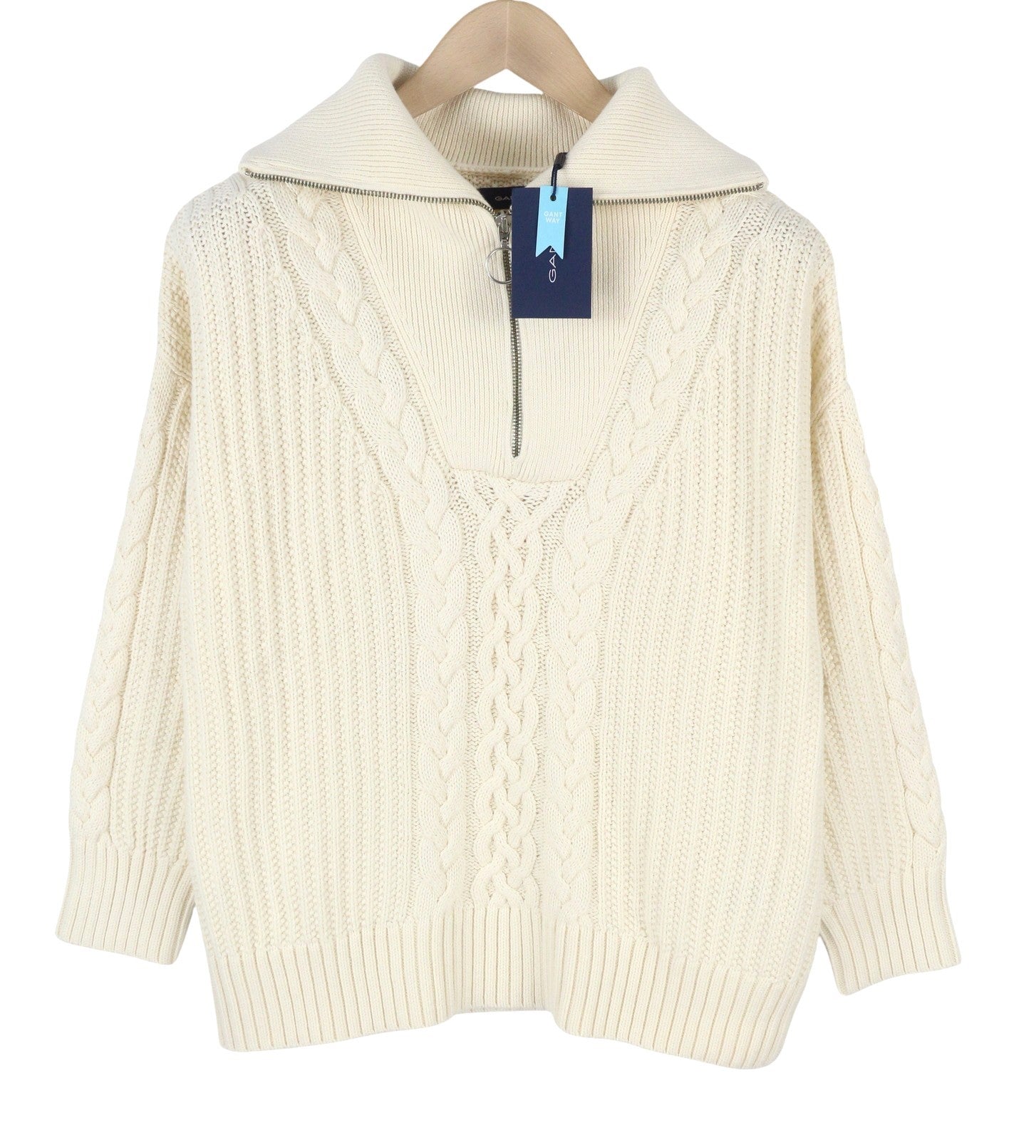 GANT Cable Half Zip Women Jumper L Cream Wool Blend Knit Pullover
