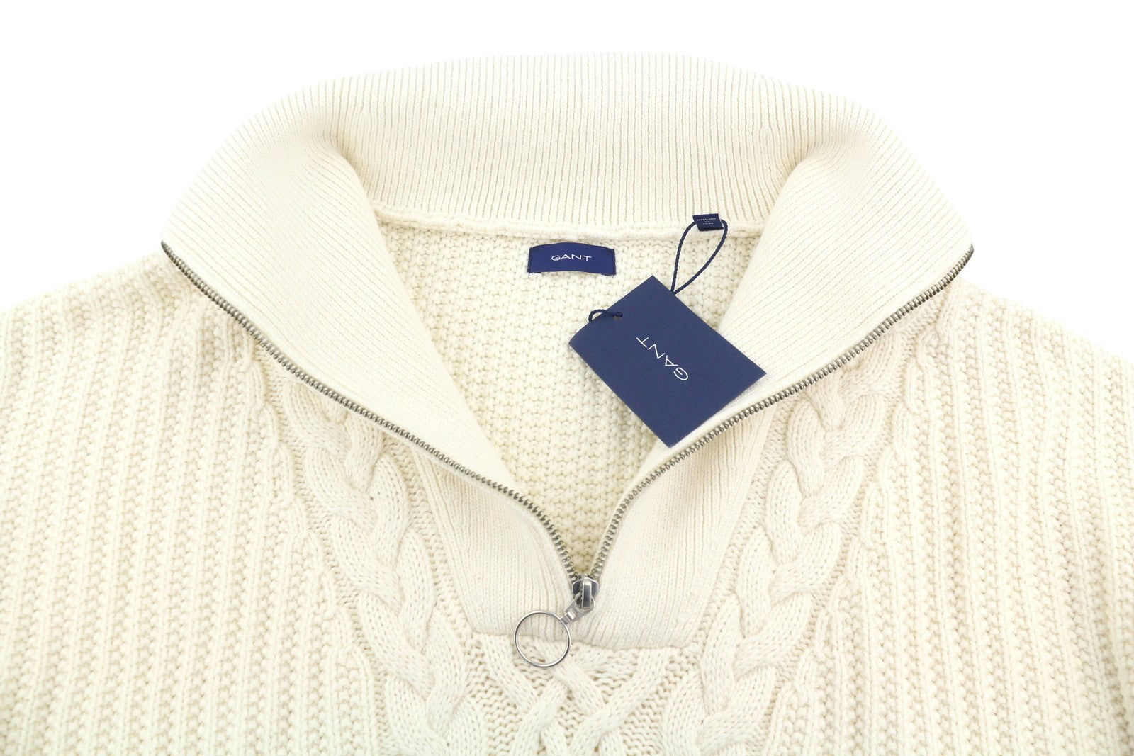 GANT Cable Half Zip Women Jumper L Cream Wool Blend Knit Pullover