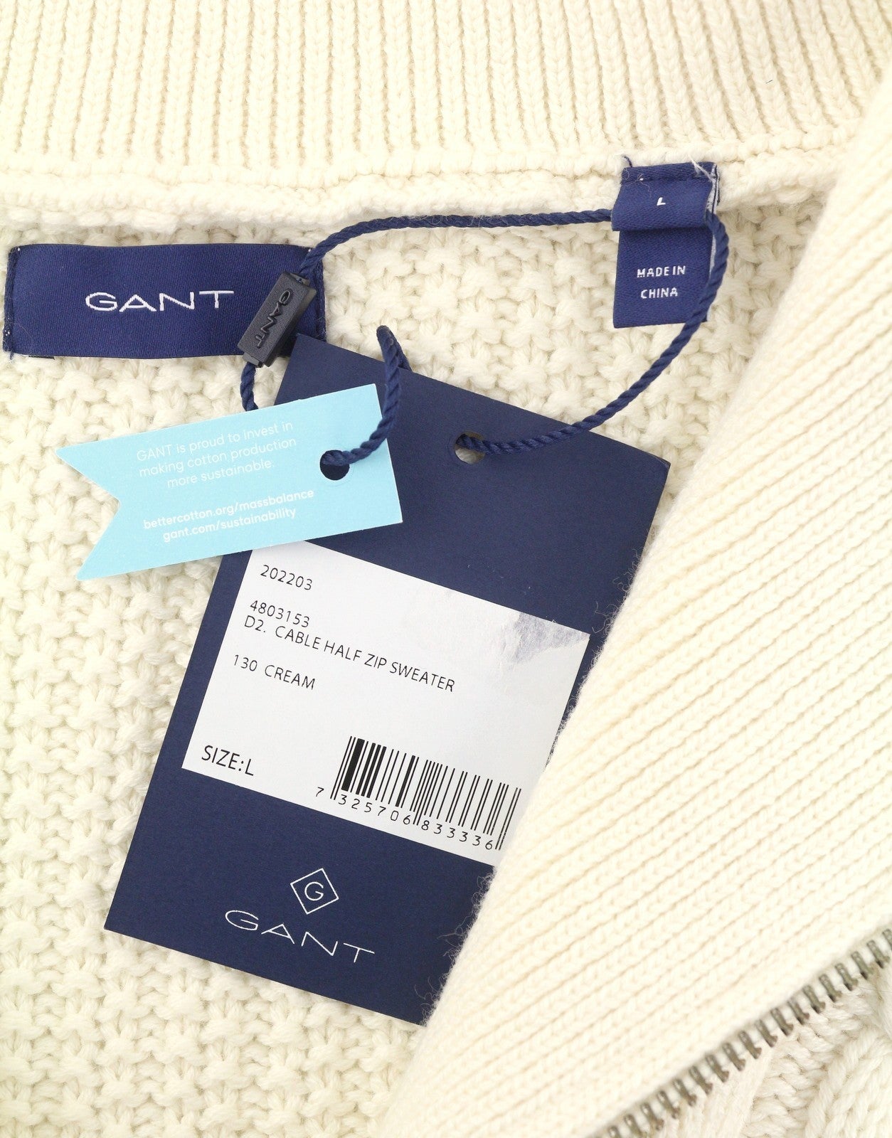 GANT Cable Half Zip Women Jumper L Cream Wool Blend Knit Pullover