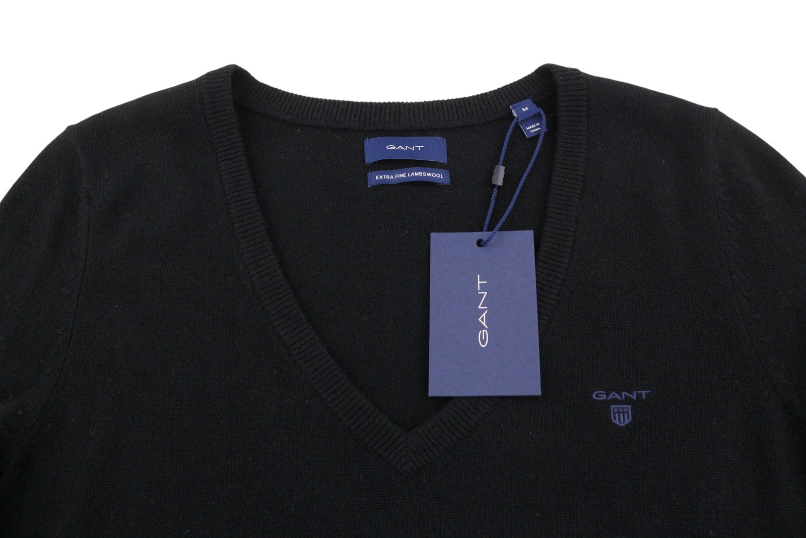 GANT Extrafine Lambswool V-Neck Women Jumper M Black Knit Pullover