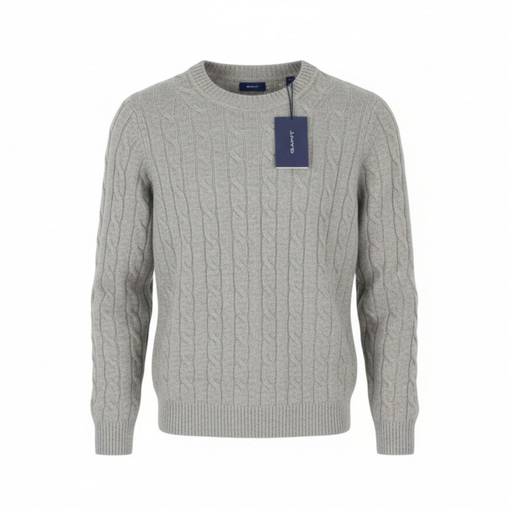 GANT Lambswool Cable C-Neck Women Jumper L Light Grey Knit Pullover