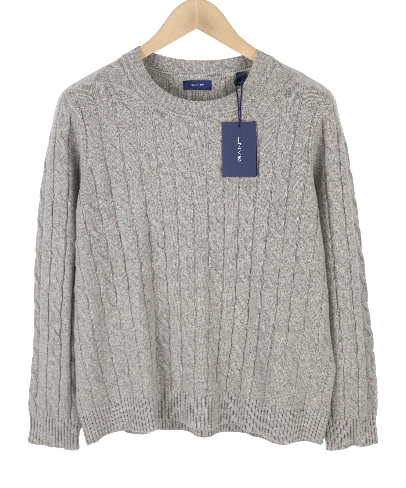 GANT Lambswool Cable C-Neck Women Jumper L Light Grey Knit Pullover