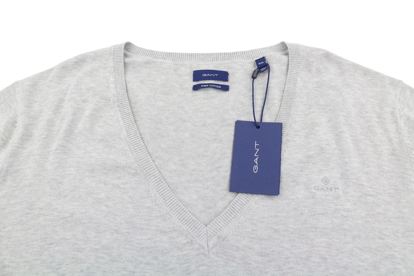 GANT Light Cotton V Neck Women Jumper 2XL Light Grey Melange Knit Pullover