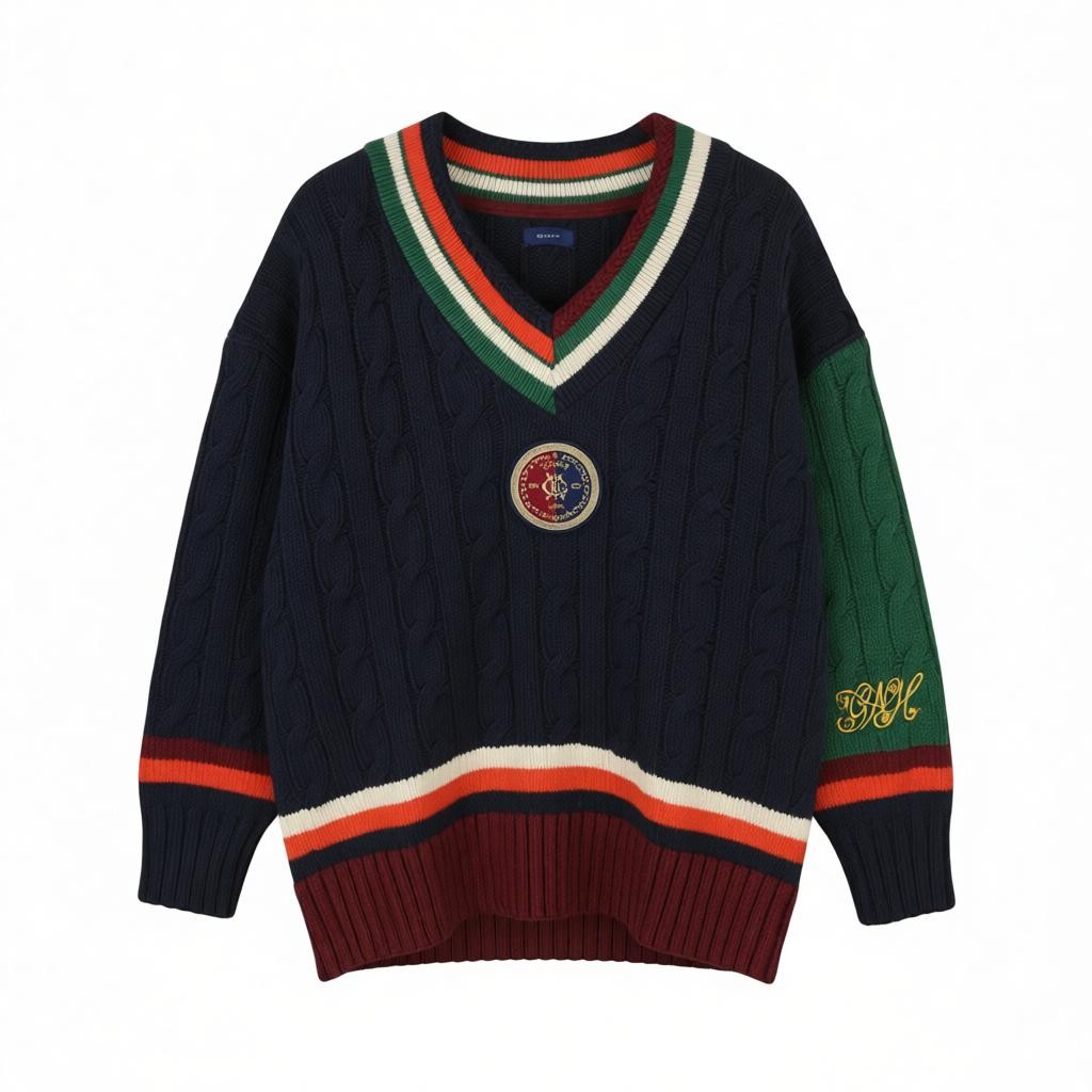 GANT Varsity V-Neck Women Jumper M Evening Blue Wool Blend Knit Pullover