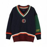 GANT Varsity V-Neck Women Jumper M Evening Blue Wool Blend Knit Pullover