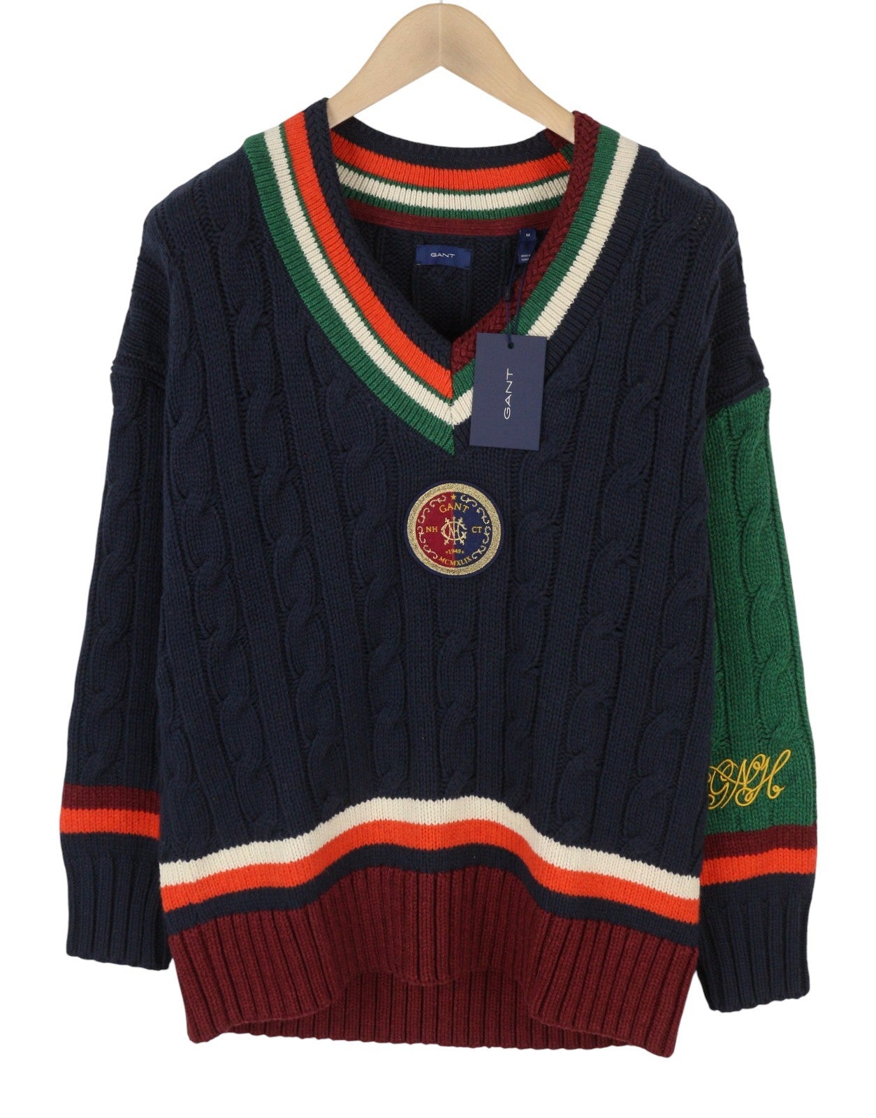 GANT Varsity V-Neck Women Jumper M Evening Blue Wool Blend Knit Pullover