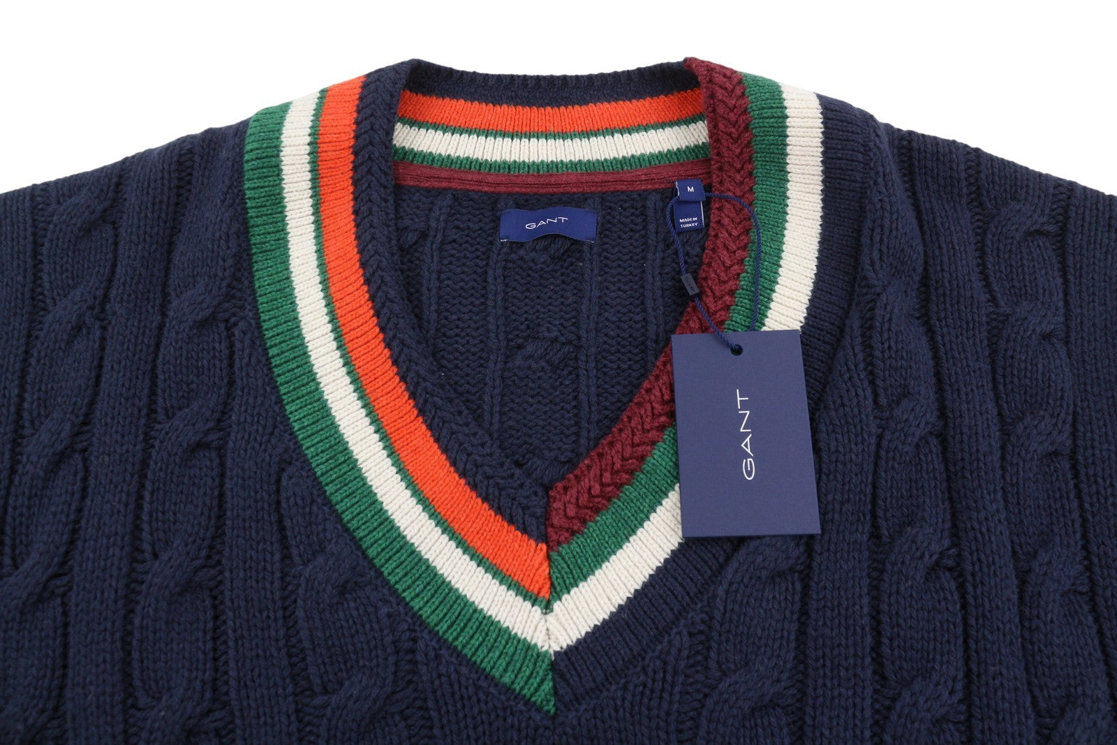 GANT Varsity V-Neck Women Jumper M Evening Blue Wool Blend Knit Pullover