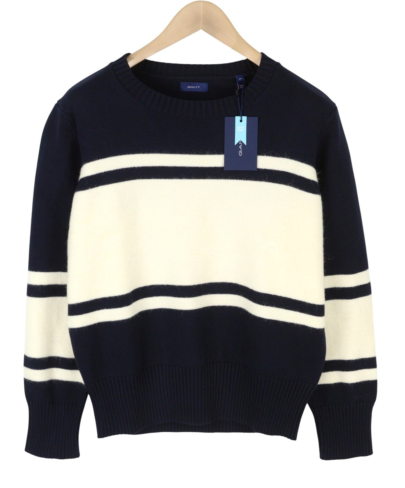 GANT Block Striped C-Neck Women Jumper 2XL Evening Blue Alpaca Wool Blend