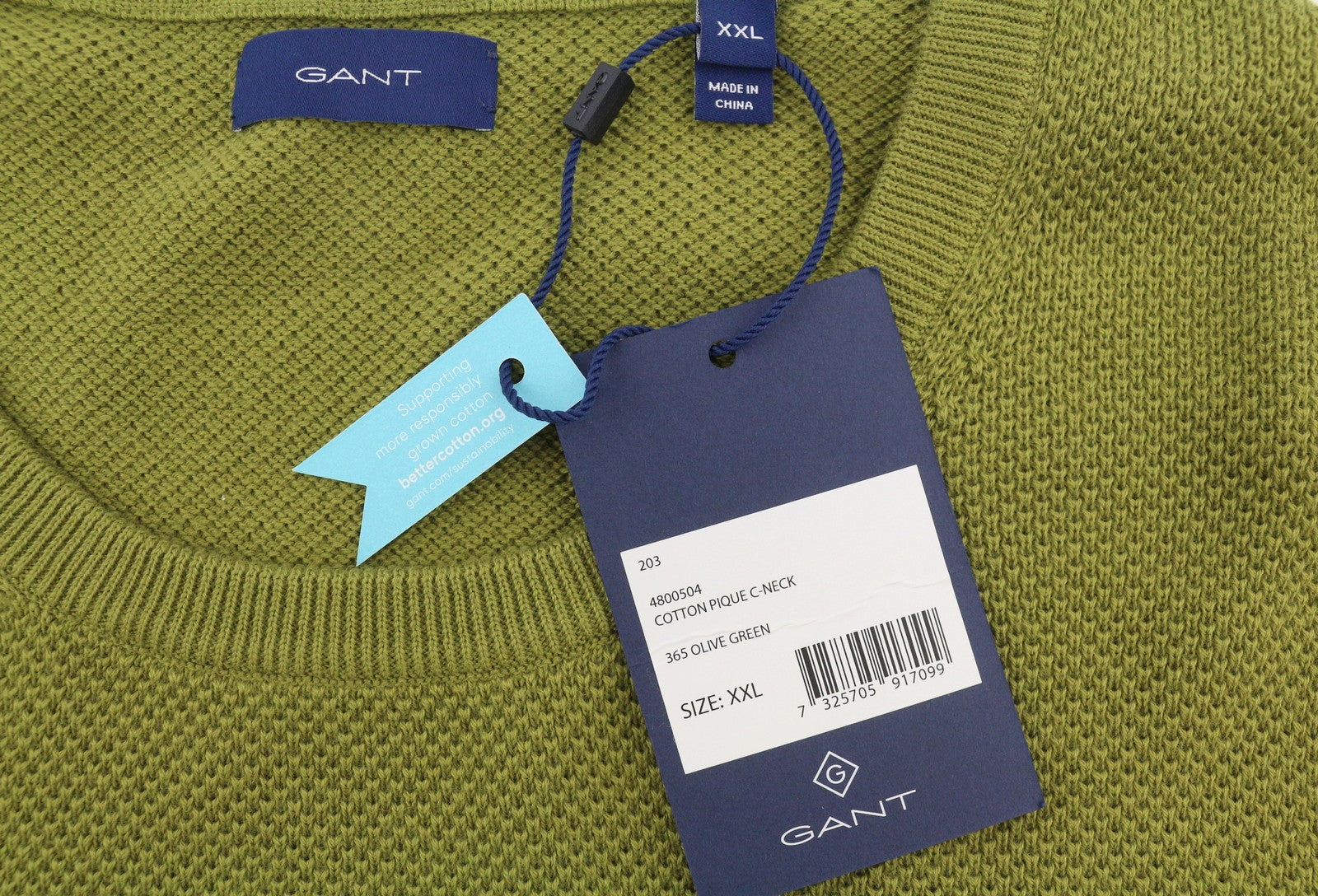 GANT Cotton Pique C-Neck Women Jumper 2XL Olive Green Waffle-Knit Pullover