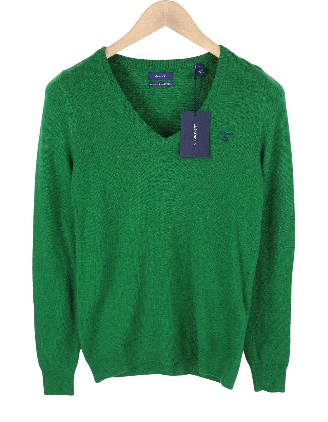 GANT Extrafine Lambswool V-Neck Women Jumper S Lavish Green Tight-Knit Pullover