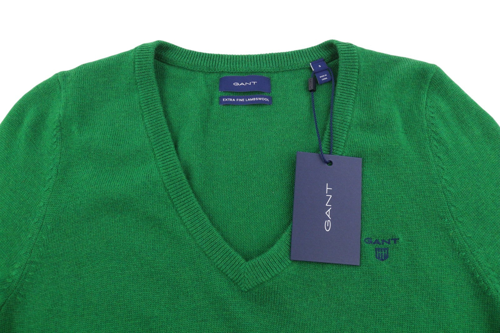 GANT Extrafine Lambswool V-Neck Women Jumper S Lavish Green Tight-Knit Pullover