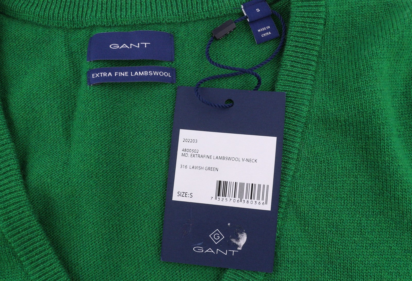 GANT Extrafine Lambswool V-Neck Women Jumper S Lavish Green Tight-Knit Pullover
