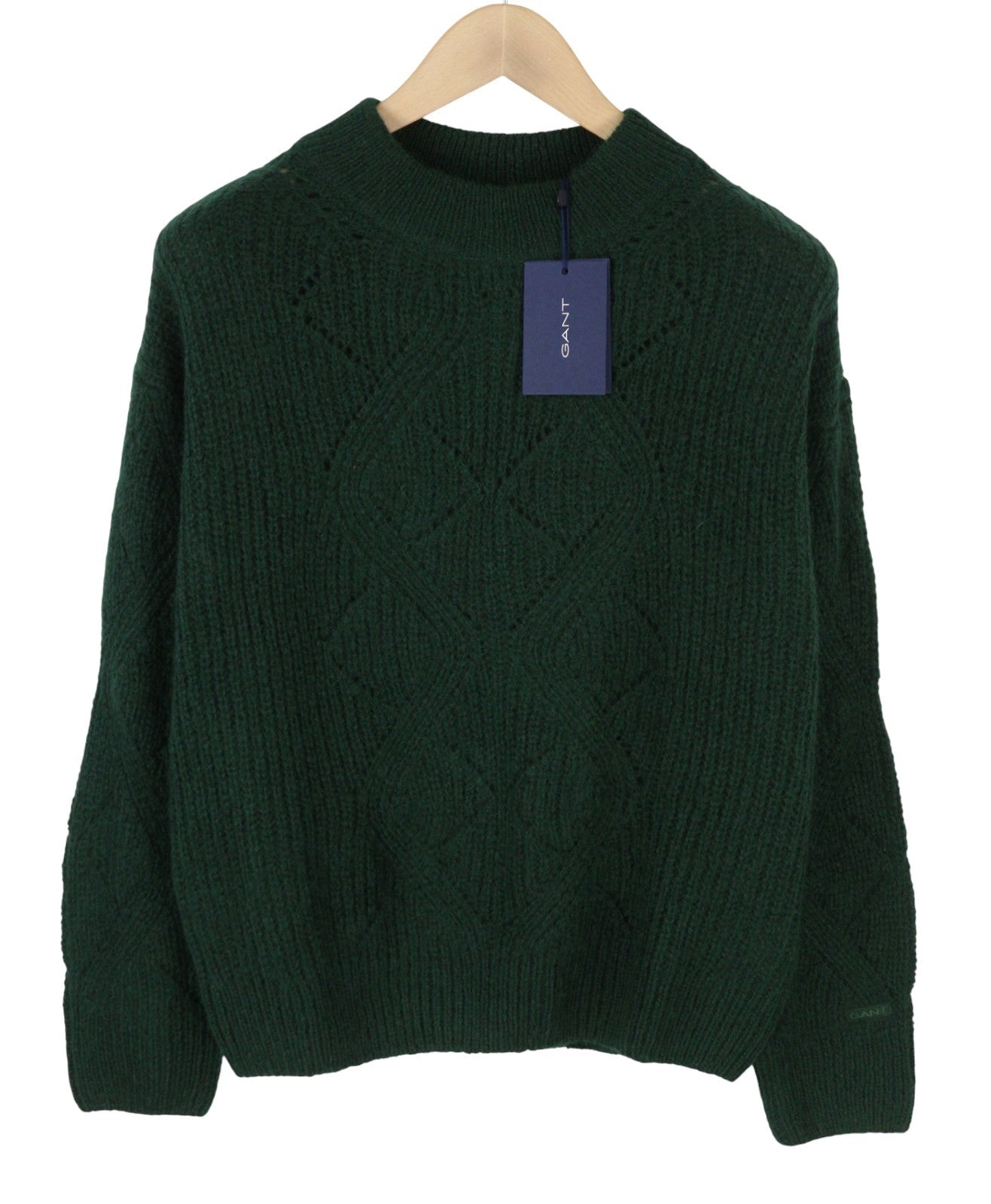 GANT Wool Mohair Pointelle Crew Women Jumper XL Tartan Green Knit Pullover