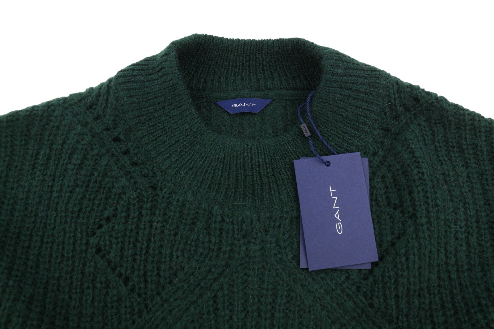 GANT Wool Mohair Pointelle Crew Women Jumper XL Tartan Green Knit Pullover