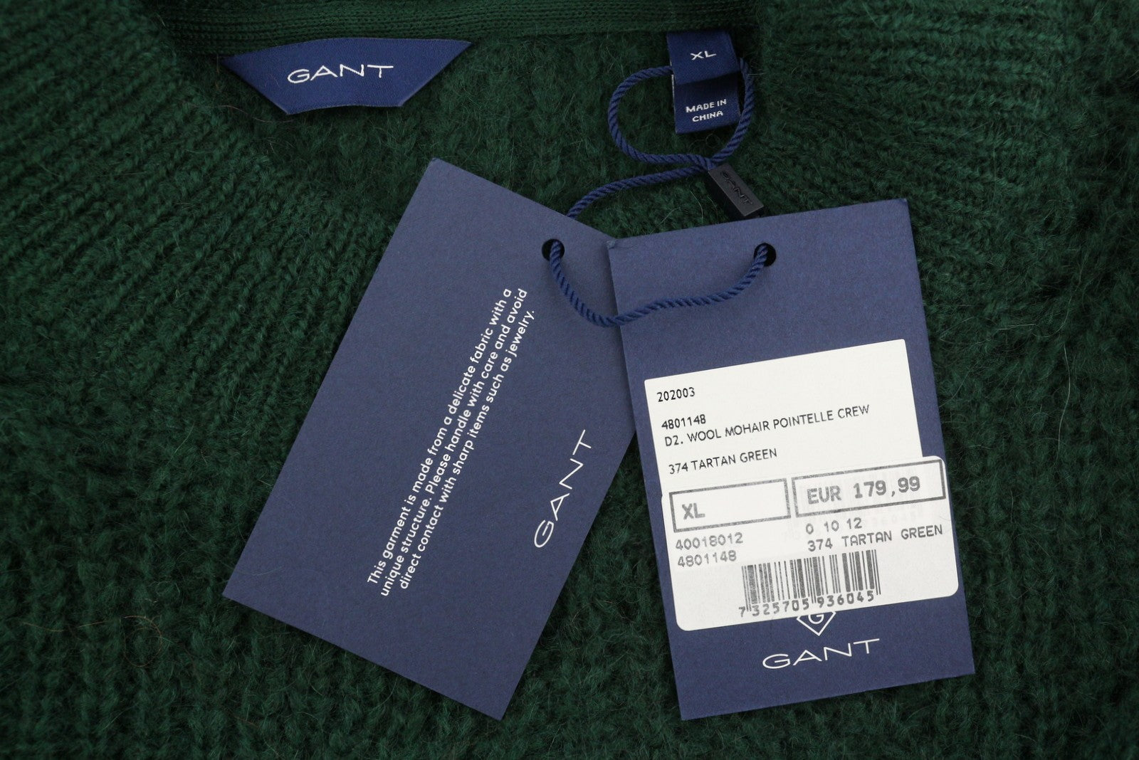 GANT Wool Mohair Pointelle Crew Women Jumper XL Tartan Green Knit Pullover