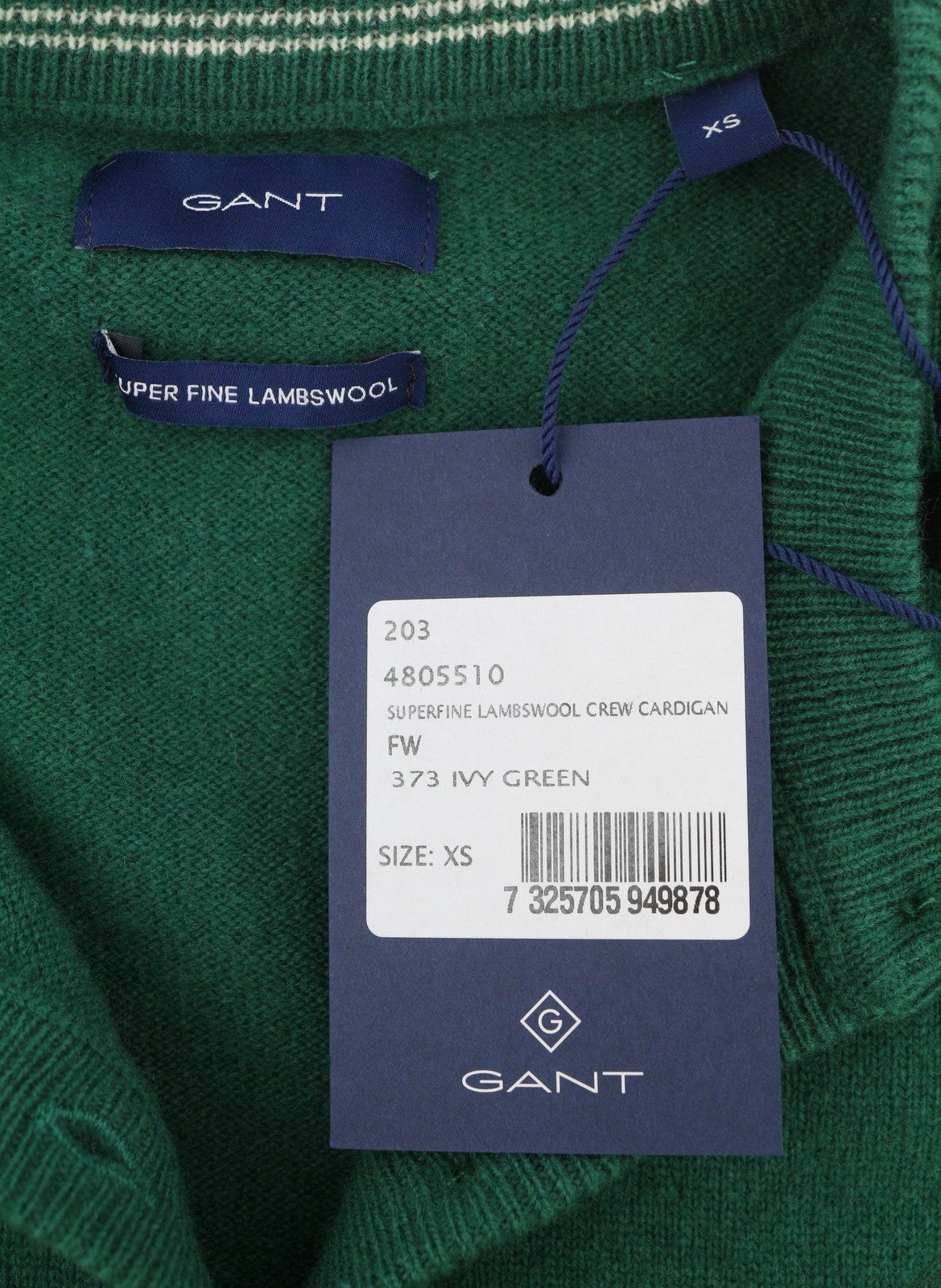 GANT Superfine Lambswool Crew Cardigan Women Jumper XS Ivy Green Button-Up Knit