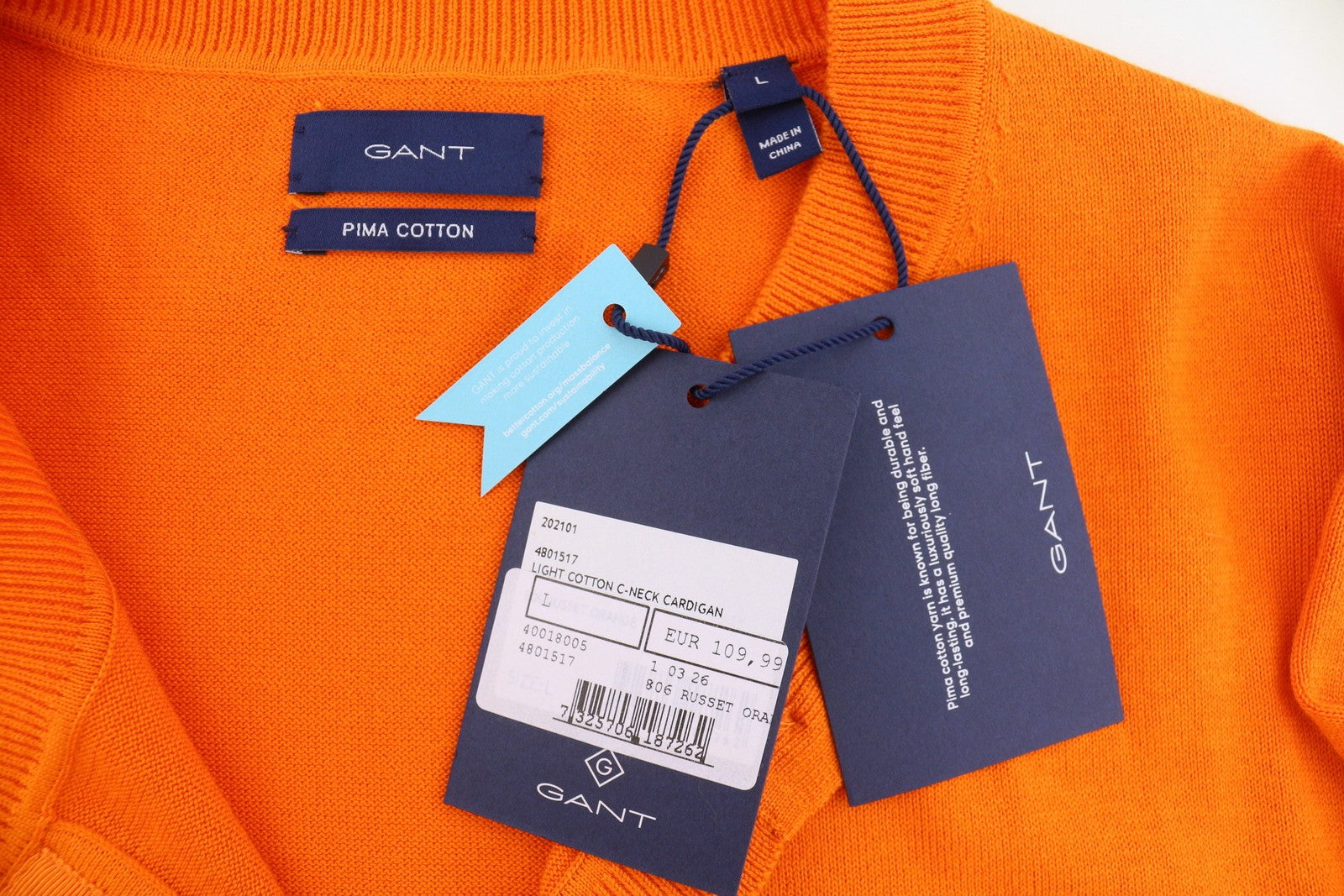 GANT Light Cotton C-Neck Cardigan Women Jumper L Russet Orange Button-Up Knit