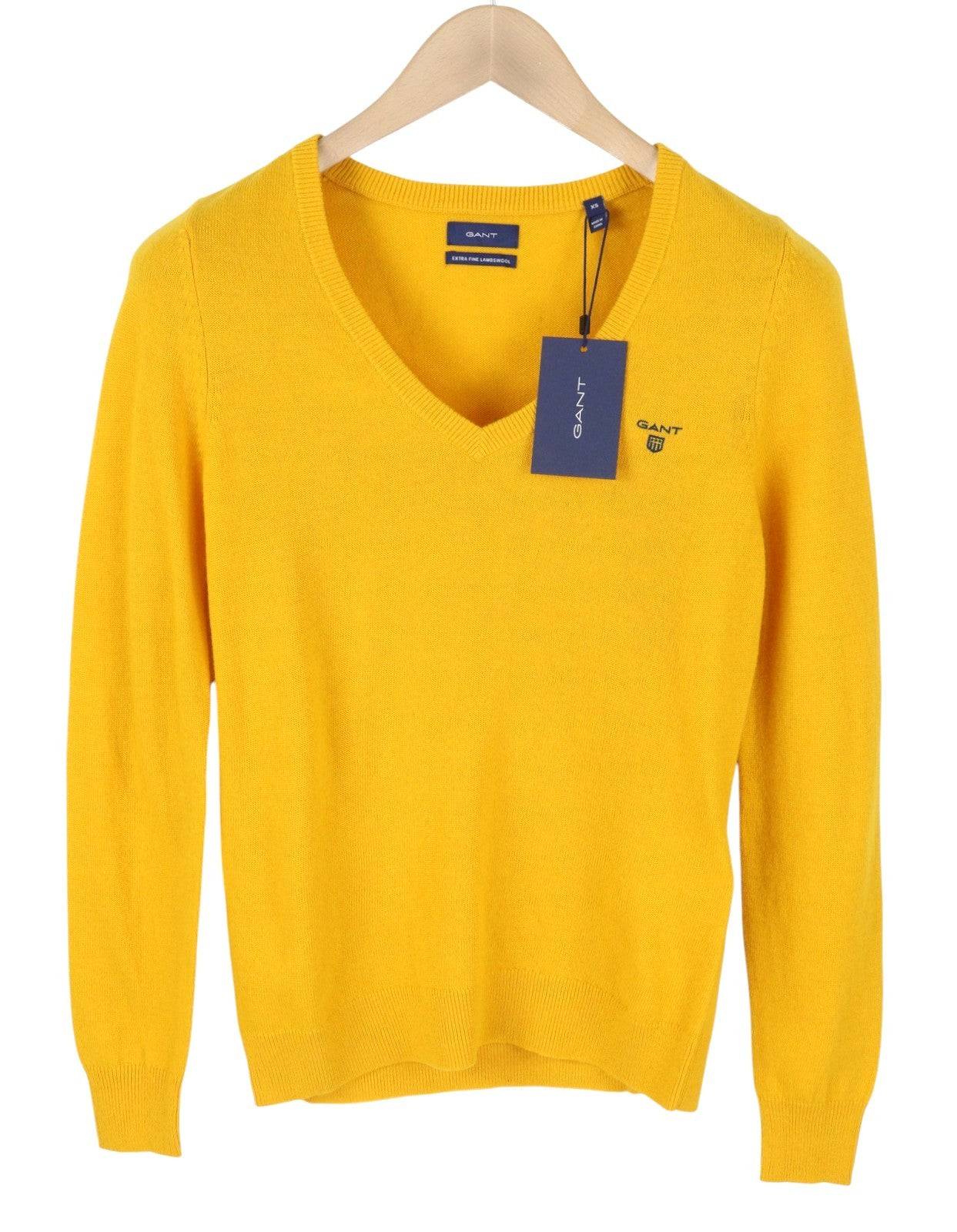 GANT Extrafine Lambswool V-Neck Women Jumper XS Ivy Gold Knit Pullover