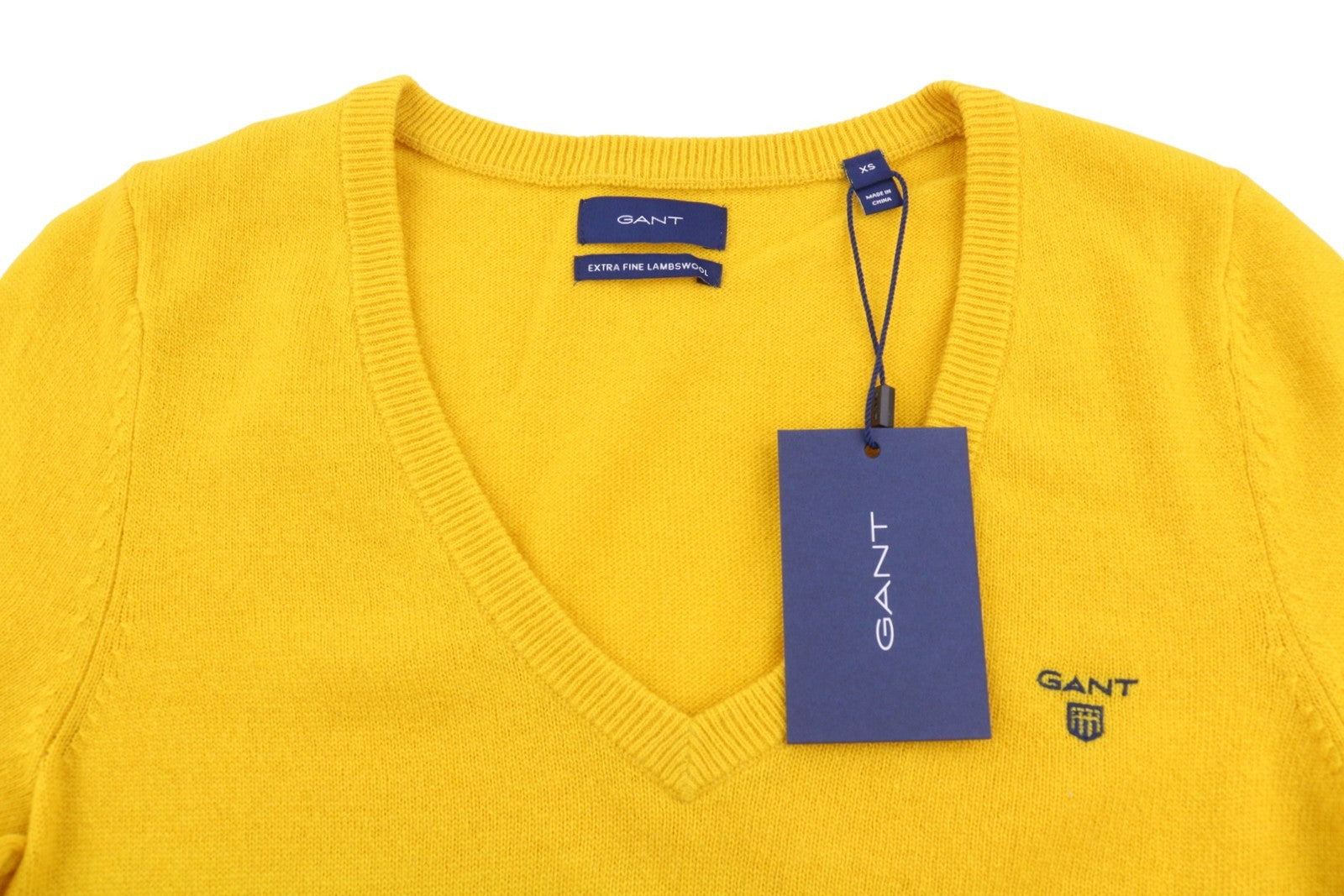 GANT Extrafine Lambswool V-Neck Women Jumper XS Ivy Gold Knit Pullover