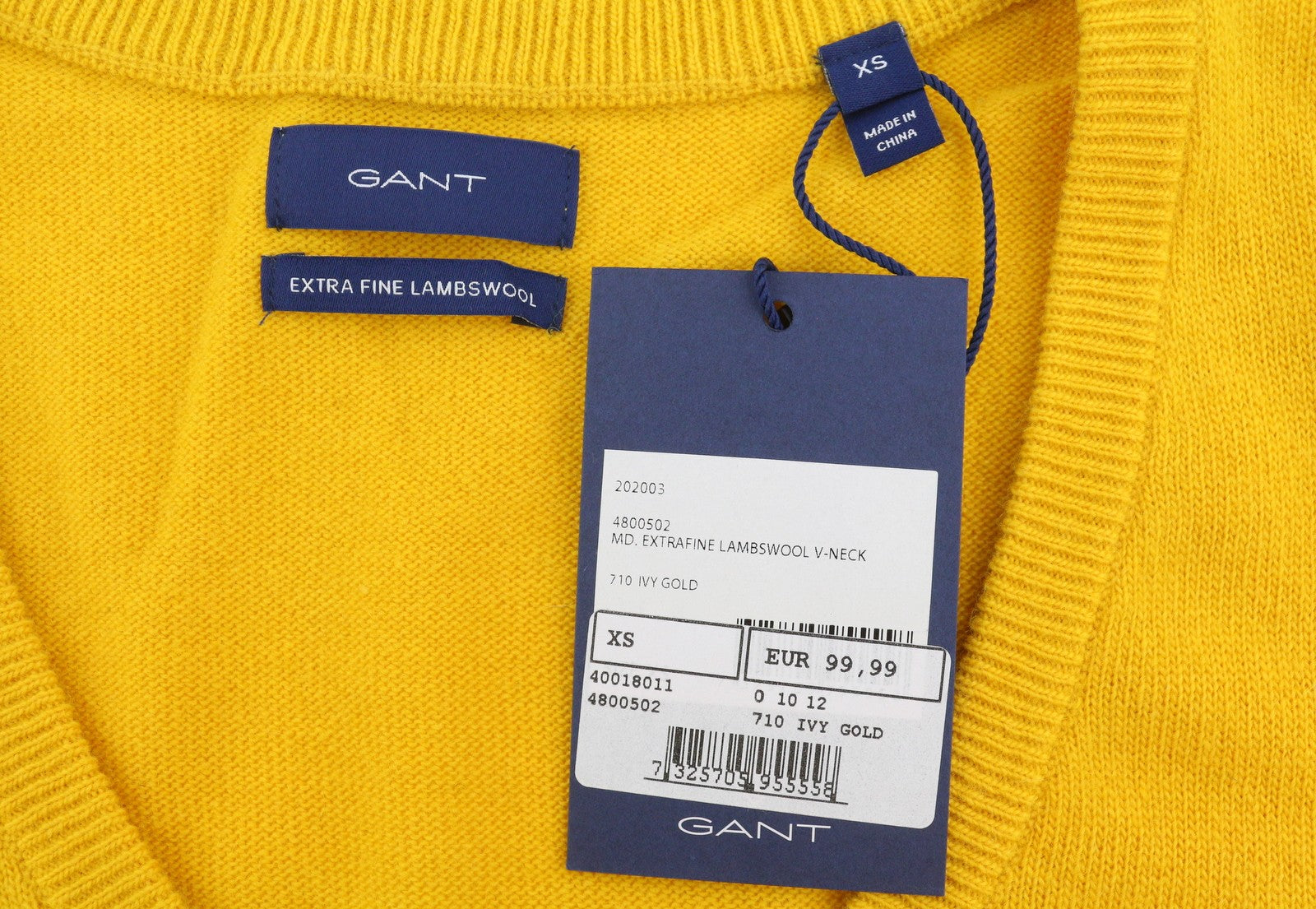GANT Extrafine Lambswool V-Neck Women Jumper XS Ivy Gold Knit Pullover