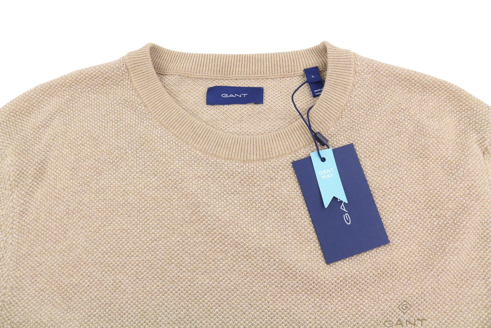 GANT Multi Texture Pique C-Neck Men Jumper L Khaki Melange Crew Neck Pullover