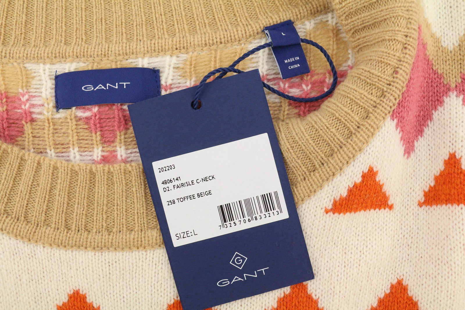 GANT Fairisle C-Neck Women Jumper L Toffee Beige Wool Cashmere Knit Pullover