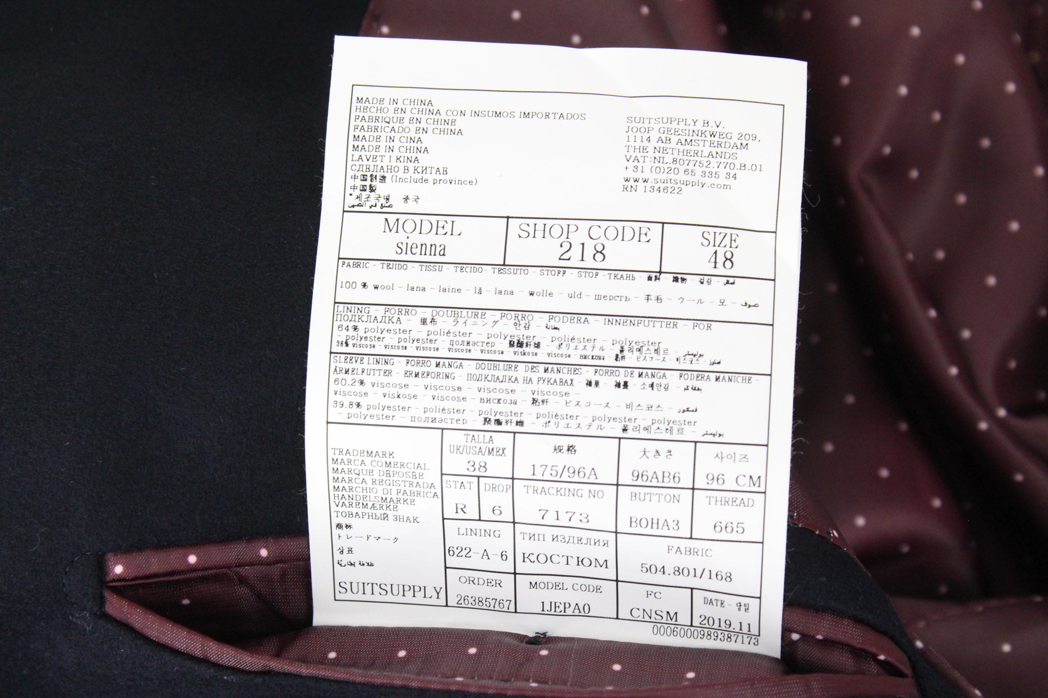 SUITSUPPLY Sienna Men's Navy UK38R Wool 2-Piece Suit Single Breasted Classic