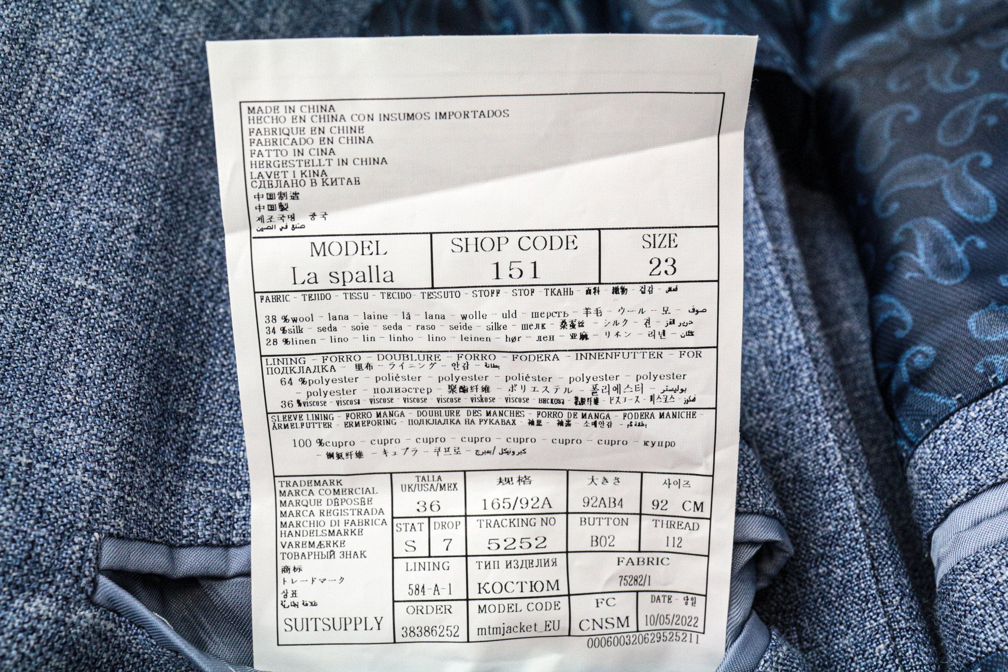 SUITSUPPLY La Spalla Men's UK36S Suit Wool Silk Linen Blue Slim 2-Piece