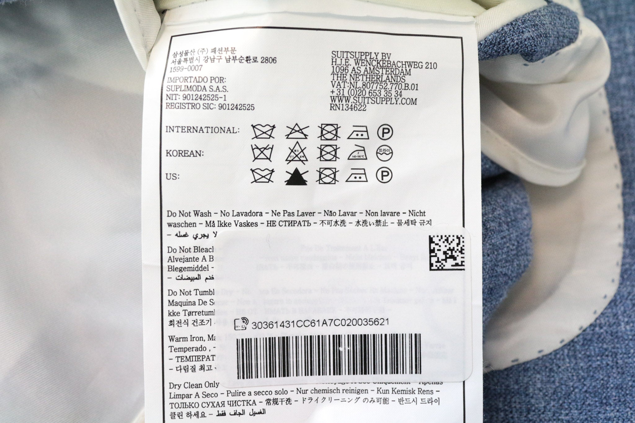 SUITSUPPLY La Spalla Men's UK40S Suit Blue Slim 3-Piece Wool Silk Melange