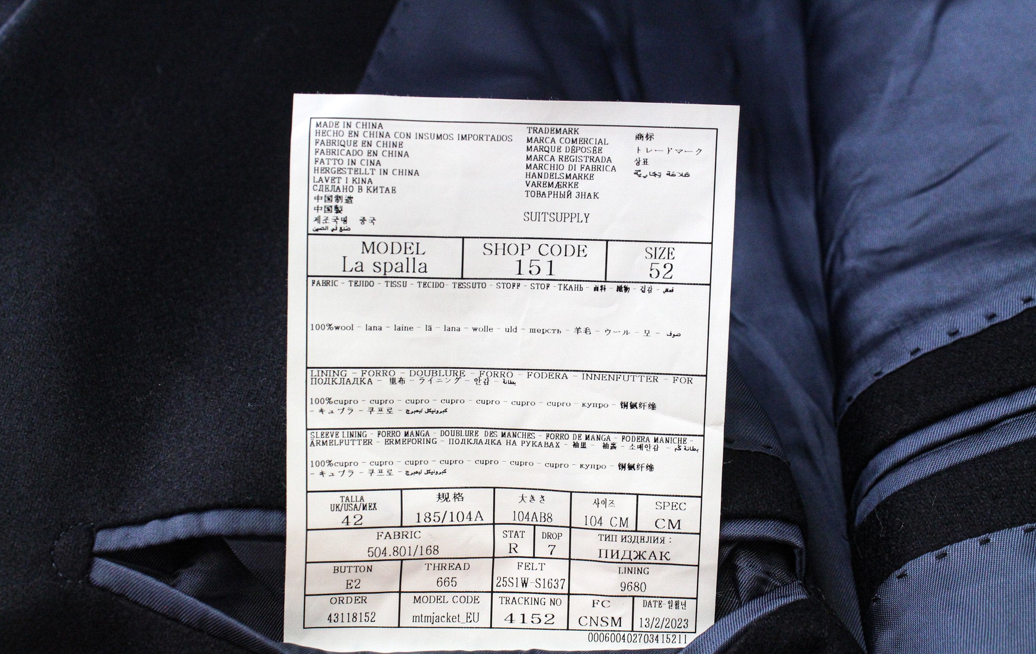 SUITSUPPLY La Spalla Men's Suit UK42R Navy Wool Two-Piece One Button Front